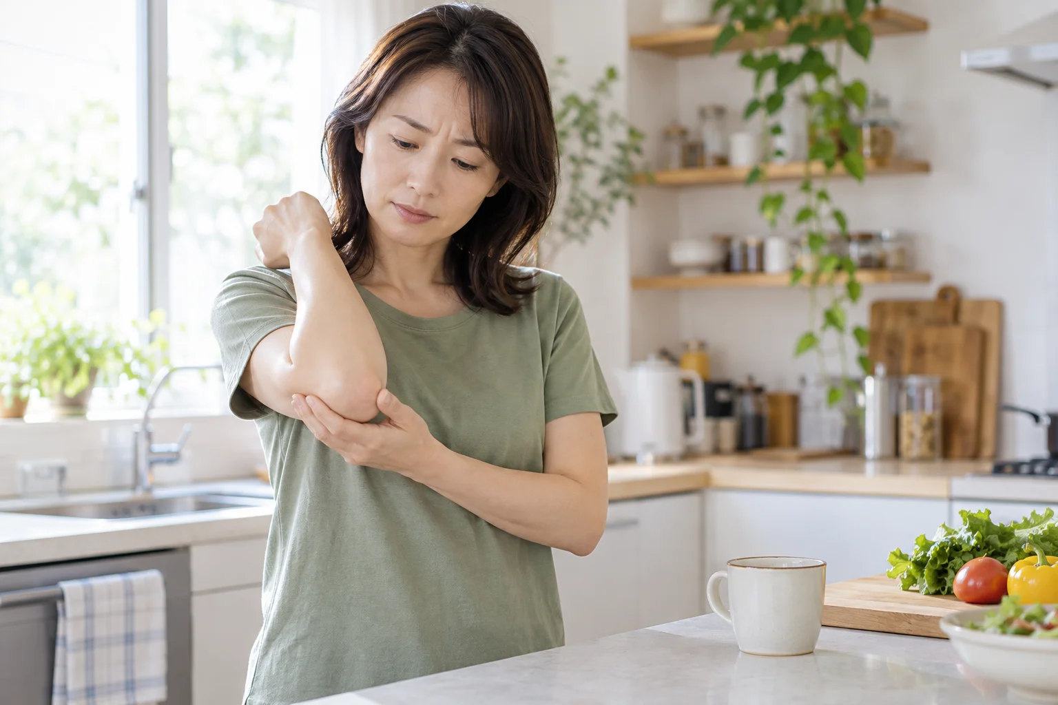 明るいキッチンで作業の手を止め、肘の外側にそっと手を添える女性のイメージ