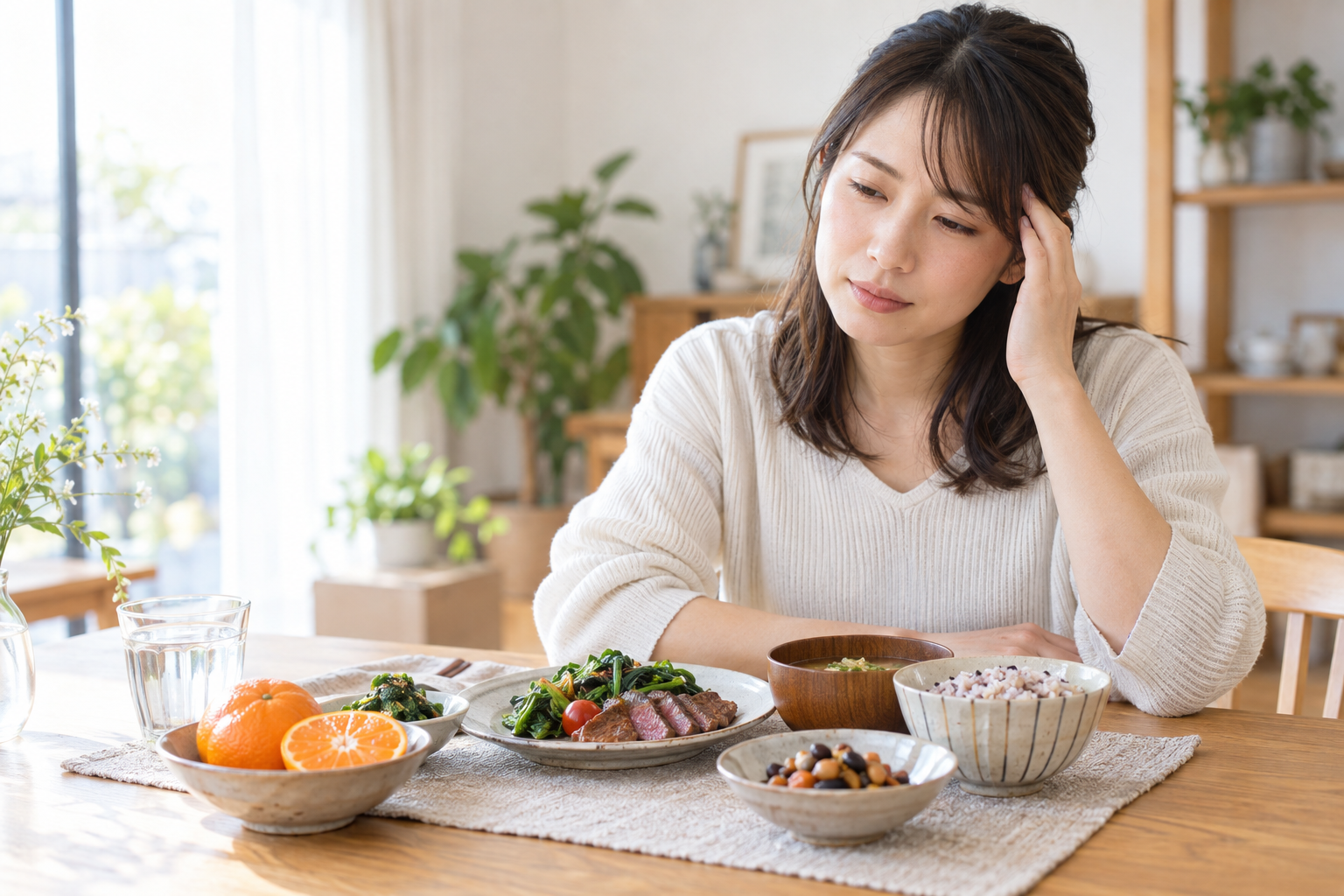 鉄を含む食事を前に、こめかみに手を添える女性